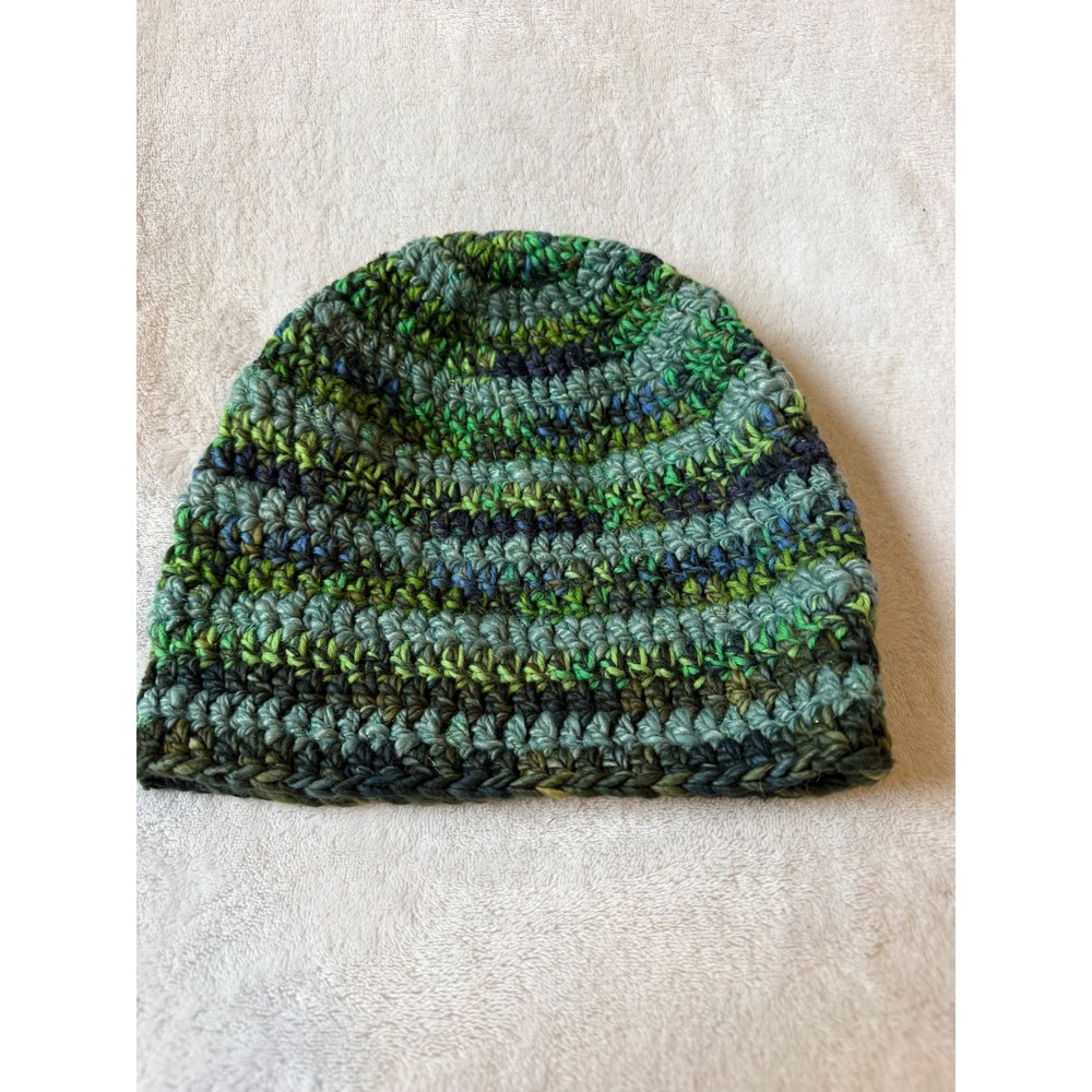 Handmade Crochet Beanie Hat Unisex OS Green Excellent Variegated Earthy Boho
